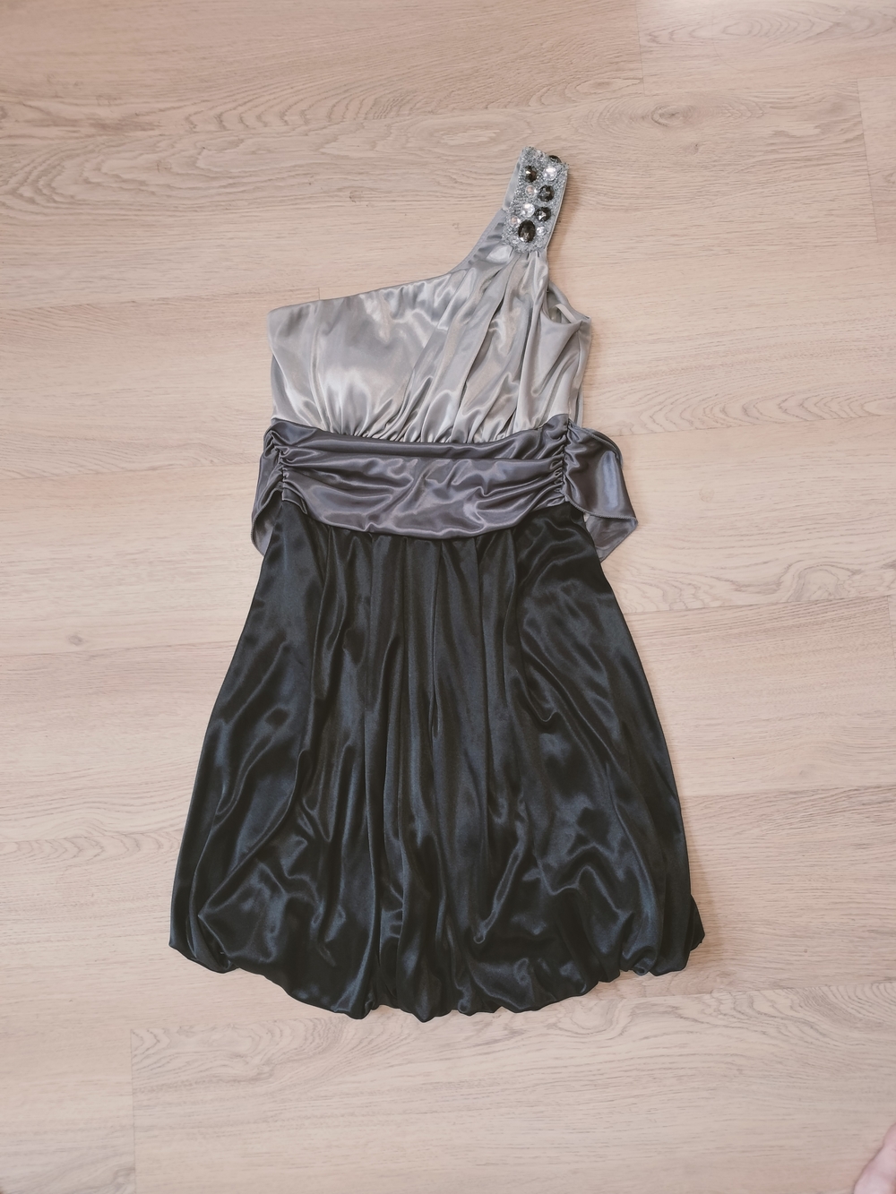 Speechless One-Shoulder Satin Dress in Silver and Black